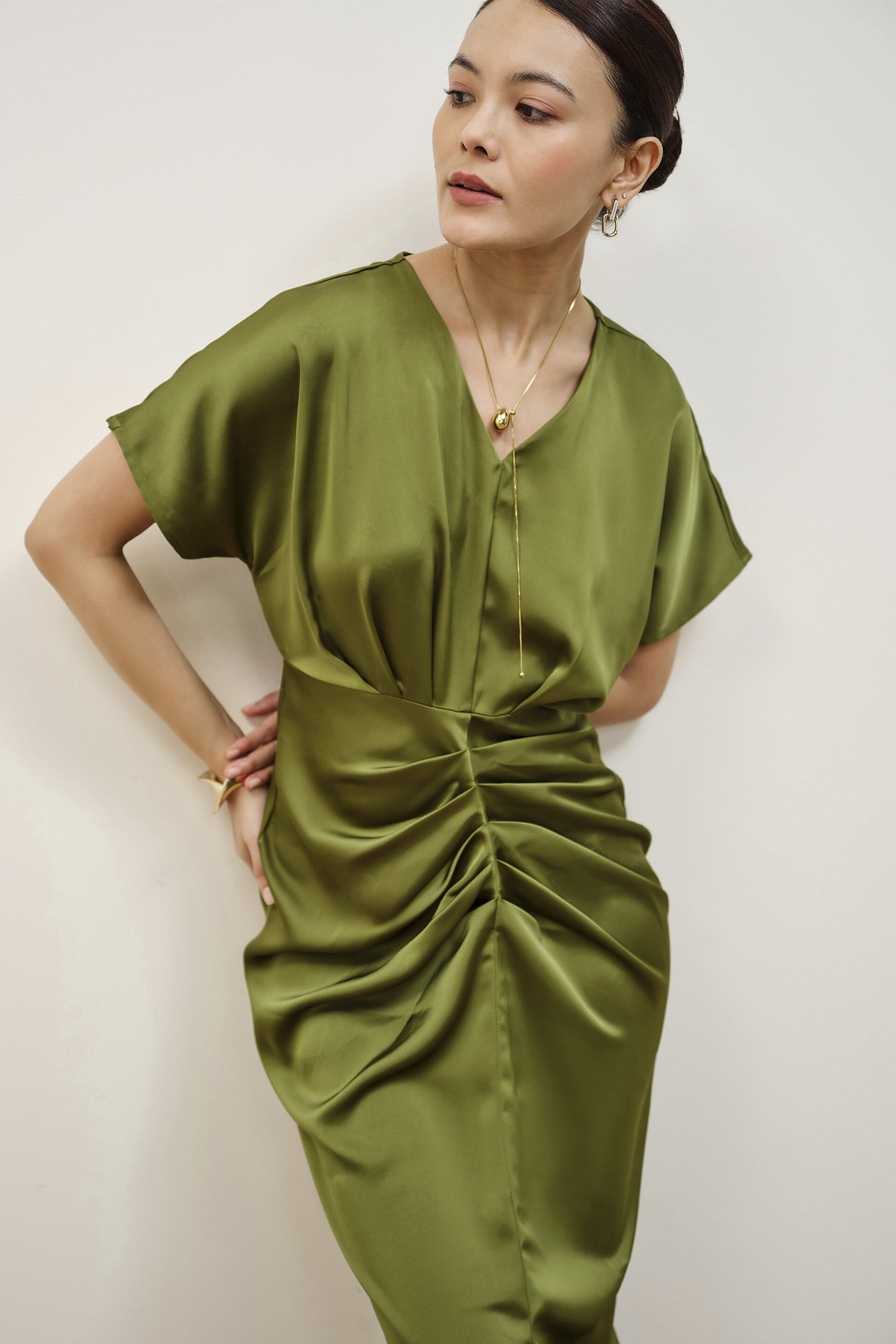 Sibyl Draped Olive Dress, Green, image 2